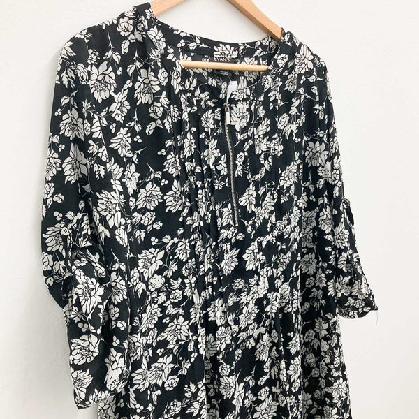 Evans Mono Floral Print Zip Neck 3/4 Sleeve Top UK 16