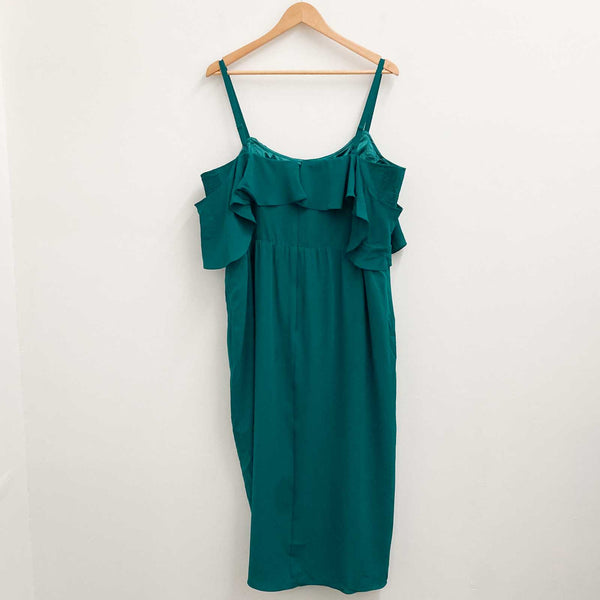 City Chic Emerald Green Draped Skirt Frill Sleeve Midi Dress UK 18