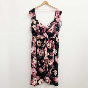 City Chic Black & Pink Floral Print Tulip Hem Ruffle Dress UK 24